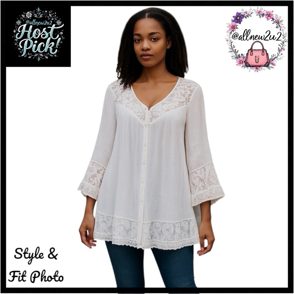• New • Zac & Rachel White Blouse Lace Accent Comfortable Elegant Top Host Pick